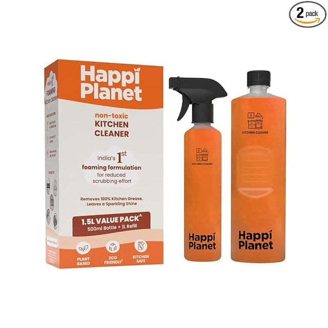 Happi Planet | Kitchen Cleaner Spray | India’s 1st Foaming Formulation for Less Scrubbing | 1.5L | Suitable for Stoves, Chimneys, Counter Tops, Appliances, Walls & Cabinets | Non Toxic & Natural
